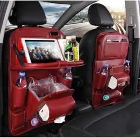 PU Leather Car Storage Bag Multifunction Seat Back Tray Hanging Bag Waterproof Car Organizer Automotive Interior Accessories (Color: Wine red)